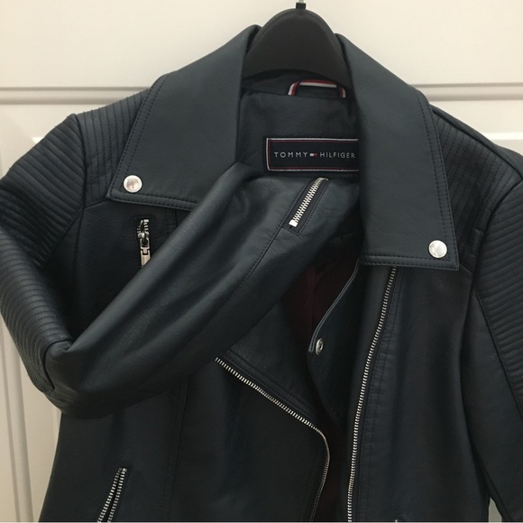 Tommy Hilfiger Leather Biker Jacket Navy Blue Size Medium - Picture 7 of 15